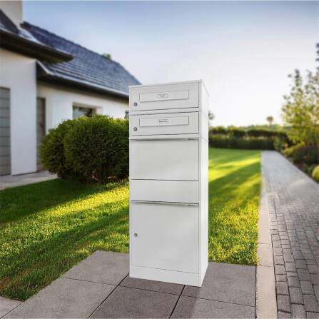 Metzler Paketbox mit 2 Briefkästen mit austauschbaren Namensschildern | für Pakete bis zur Größe M | Verkehrsweiß | Bispo RE