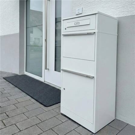 Metzler Paketbox mit austauschbarem Namensschild | für Pakete bis zur Größe M | Verkehrsweiß | Bispo RE