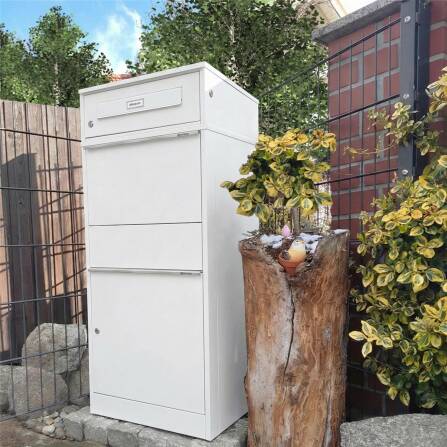 Metzler Paketbox mit austauschbarem Namensschild | für Pakete bis zur Größe M | Verkehrsweiß | Bispo RE