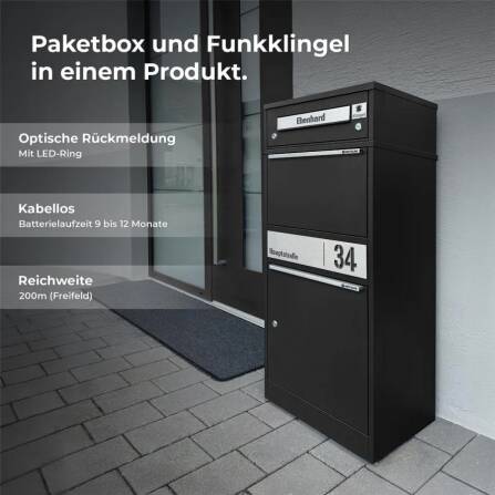 Metzler Funk-Paketbox mit Klingel & Briefkasten |  personalisiert mit Gravur | Edelstahl-Namensschild | Schwarz | Bispo Funk