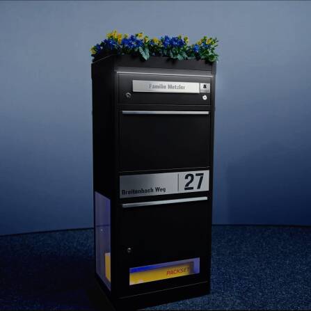 Metzler Funk-Paketbox mit Klingel & Briefkasten |  personalisiert mit Gravur | Edelstahl-Namensschild | Schwarz | Bispo Funk