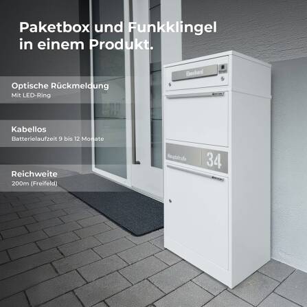 Metzler Funk-Paketbox mit Klingel & Briefkasten |  personalisiert mit Gravur | Edelstahl-Namensschild | Weiß | Bispo Funk