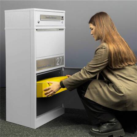 Metzler Funk-Paketbox mit Klingel & Briefkasten |  personalisiert mit Gravur | Edelstahl-Namensschild | Weiß | Bispo Funk