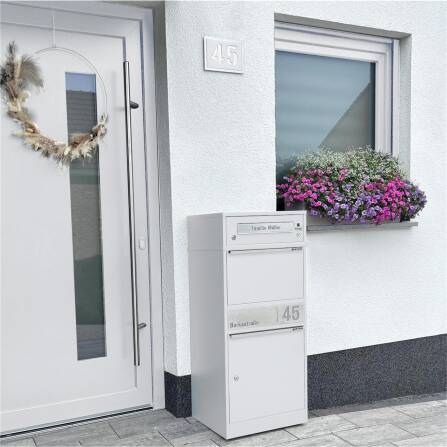Metzler Funk-Paketbox mit Klingel & Briefkasten |  personalisiert mit Gravur | Edelstahl-Namensschild | Weiß | Bispo Funk