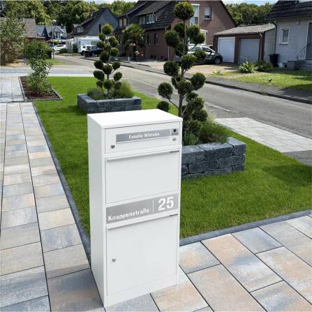 Metzler Funk-Paketbox mit Klingel & Briefkasten |  personalisiert mit Gravur | Edelstahl-Namensschild | Weiß | Bispo Funk