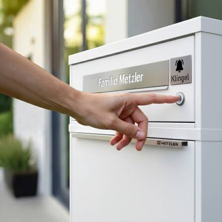 Metzler Funk-Paketbox mit Klingel & Briefkasten |  personalisiert mit Gravur | Edelstahl-Namensschild | Weiß | Bispo Funk