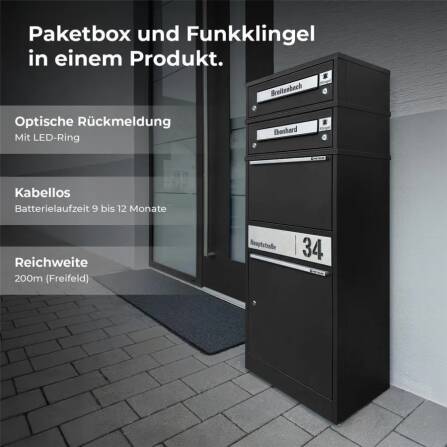 Metzler Funk-Paketbox mit Klingel & Briefkasten |  personalisiert mit Gravur | Edelstahl-Namensschilder | Schwarz | Bispo Funk