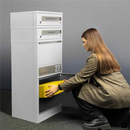 Metzler Funk-Paketbox mit Klingel & Briefkasten |  personalisiert mit Gravur | Edelstahl-Namensschilder | Weiß | Bispo Funk