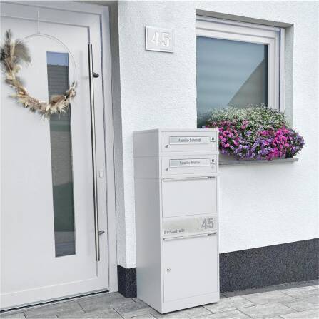 Metzler Funk-Paketbox mit Klingel & Briefkasten |  personalisiert mit Gravur | Edelstahl-Namensschilder | Weiß | Bispo Funk