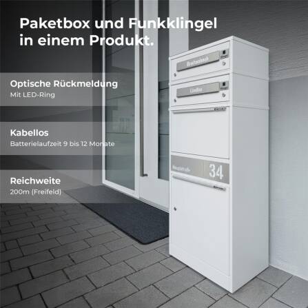 Metzler Funk-Paketbox mit Klingel & Briefkasten |  personalisiert mit Gravur | Edelstahl-Namensschilder | Weiß | Bispo Funk