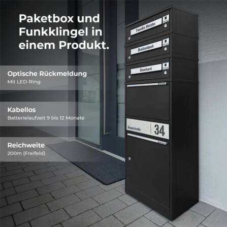 Metzler Funk-Paketbox mit Klingel & Briefkasten |  personalisiert mit Gravur | Edelstahl-Namensschilder | Schwarz | Bispo Funk