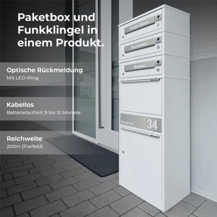 Metzler Funk-Paketbox mit Klingel & Briefkasten |  personalisiert mit Gravur | Edelstahl-Namensschilder | Weiß | Bispo Funk