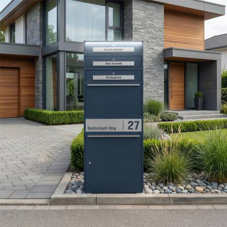 Metzler Paketbox XL mit 3 Briefkästen | LED | personalisiert mit Gravur | RAL 7016 Anthrazit | Bispo Max 2