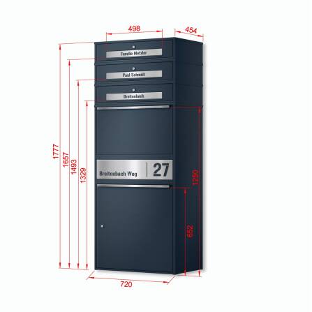 Metzler Paketbox XL mit 3 Briefkästen | LED | personalisiert mit Gravur | RAL 7016 Anthrazit | Bispo Max 2