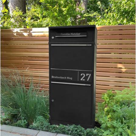Metzler Cassetta per pacchi con cassetta postale | Antracite | personalizzato con incisione | Targhetta in acciaio inox | con apertura per lettere | Taren