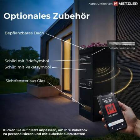 Metzler Cassetta per pacchi con cassetta postale | Antracite | personalizzato con incisione | Targhetta in acciaio inox | con apertura per lettere | Taren