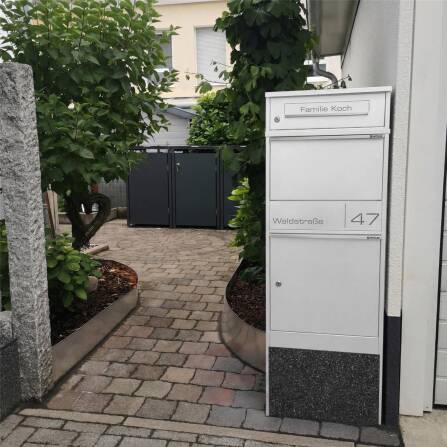 Metzler Paketbox mit Briefkasten | personalisiert mit Gravur | Edelstahl-Namensschild | mit Briefeinwurf | Weiß | Taren