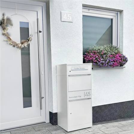 Metzler Paketbox mit Briefkasten | personalisiert mit Gravur | Edelstahl-Namensschild | mit Briefeinwurf | Weiß | Taren