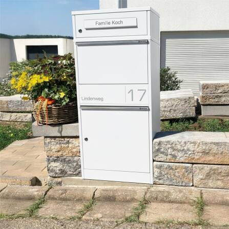 Metzler Paketbox mit Briefkasten | personalisiert mit Gravur | Edelstahl-Namensschild | mit Briefeinwurf | Weiß | Taren