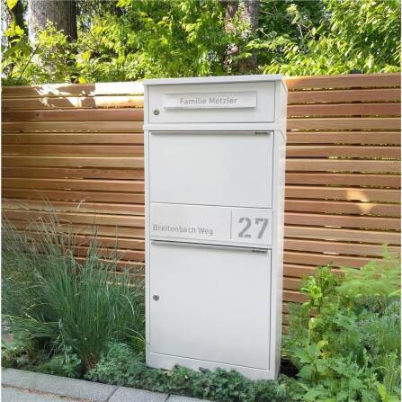 Metzler Paketbox mit Briefkasten | personalisiert mit Gravur | Edelstahl-Namensschild | mit Briefeinwurf | Weiß | Taren