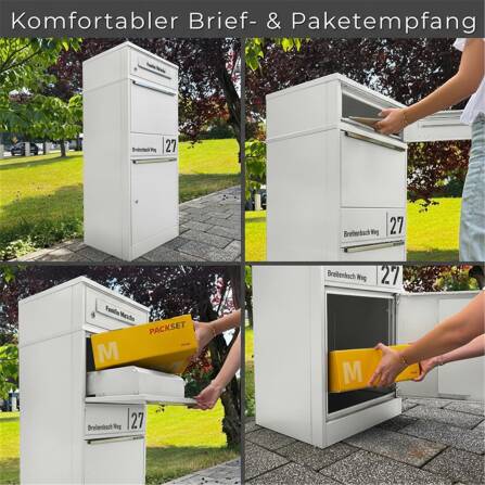 Metzler Paketbox mit Briefkasten | personalisiert mit Gravur | Edelstahl-Namensschild | mit Briefeinwurf | Weiß | Taren