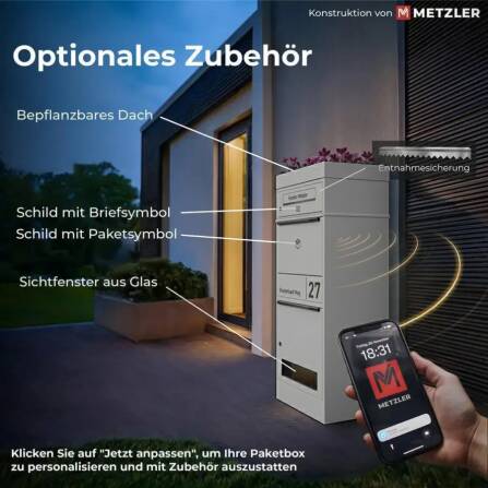 Metzler Paketbox mit Briefkasten | personalisiert mit Gravur | Edelstahl-Namensschild | mit Briefeinwurf | Weiß | Taren