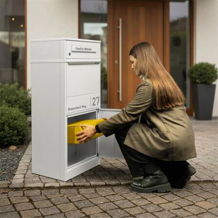 Metzler Paketbox mit Briefkasten | personalisiert mit Gravur | Edelstahl-Namensschild | mit Briefeinwurf | Weiß | Taren