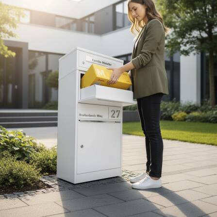 Metzler Paketbox mit Briefkasten | personalisiert mit Gravur | Edelstahl-Namensschild | mit Briefeinwurf | Weiß | Taren