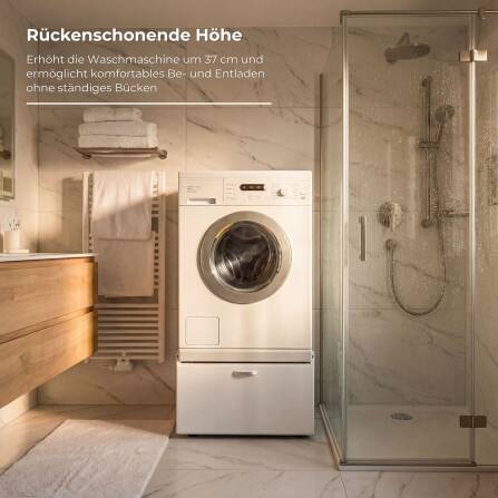 Metzler Waschmaschinenständer mit Schublade | Untergestell für Waschmaschine oder Trockner | Vibrationsdämpfend | Weiß