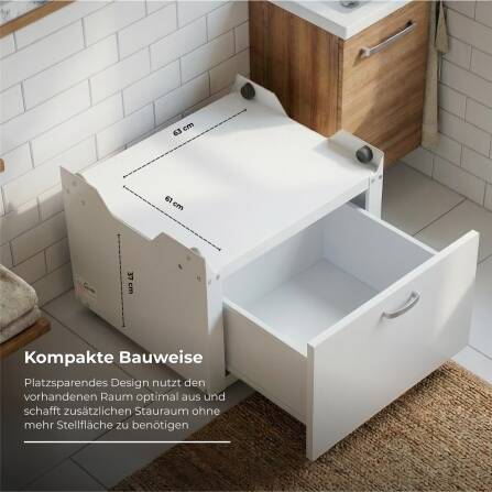 Metzler Waschmaschinenständer mit Schublade | Untergestell für Waschmaschine oder Trockner | Vibrationsdämpfend | Weiß