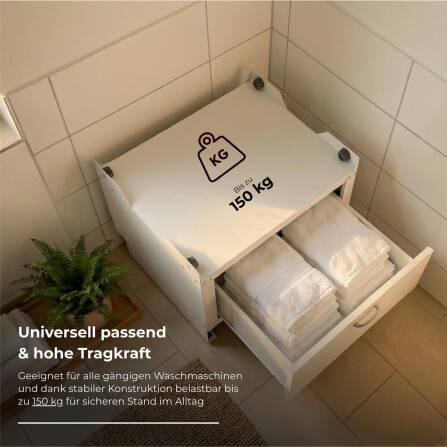 Metzler Waschmaschinenständer mit Schublade | Untergestell für Waschmaschine oder Trockner | Vibrationsdämpfend | Weiß