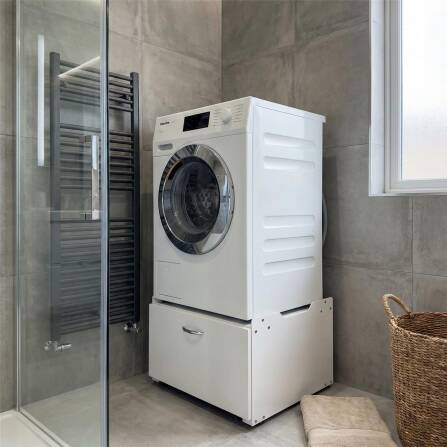 Metzler Waschmaschinenständer mit Schublade | Untergestell für Waschmaschine oder Trockner | Vibrationsdämpfend | Weiß