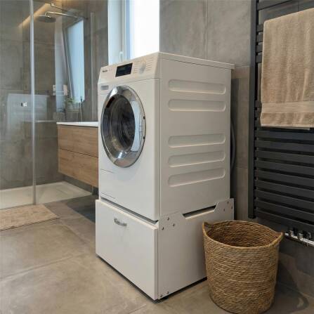 Metzler Waschmaschinenständer mit Schublade | Untergestell für Waschmaschine oder Trockner | Vibrationsdämpfend | Weiß