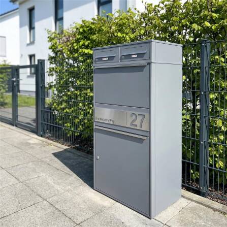 Metzler Paketbox XL mit zwei Briefkästen | austauschbarer Papiereinleger | personalisiert mit Gravur | Grau | Bispo Max 2