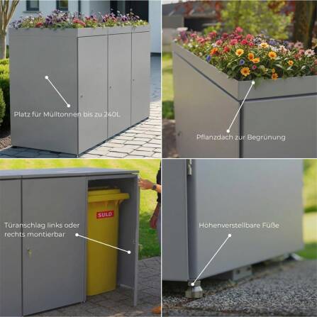 Metzler Cache-poubells avec toit végétal | 3x | en aluminium | inoxydable et massif  | Anthracite RAL 7016
