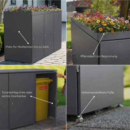 Metzler Cache-poubelles avec toit végétal | 4x | 240 l | en aluminium | inoxydablle & massif | Anthracite RAL 7016