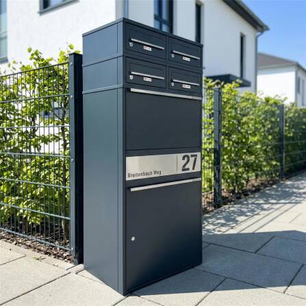 Metzler Paketbox XL mit vier Briefkästen | austauschbare Papiereinleger | personalisiert mit Gravur | RAL 7016 Anthrazitgrau | Bispo Max 2