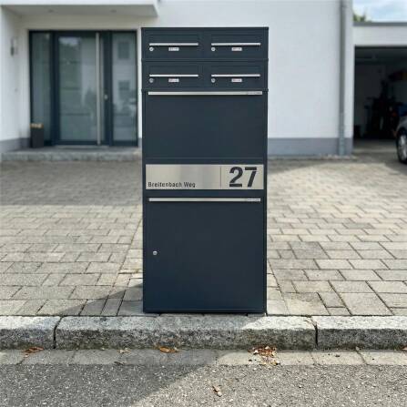 Metzler Paketbox XL mit vier Briefkästen | austauschbare Papiereinleger | personalisiert mit Gravur | RAL 7016 Anthrazitgrau | Bispo Max 2