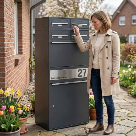 Metzler Paketbox XL mit vier Briefkästen | austauschbare Papiereinleger | personalisiert mit Gravur | RAL 7016 Anthrazitgrau | Bispo Max 2