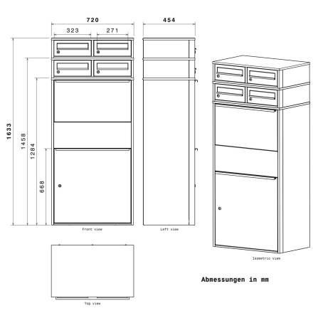 Metzler Paketbox XL mit vier Briefkästen | austauschbare Papiereinleger | personalisiert mit Gravur | RAL 7016 Anthrazitgrau | Bispo Max 2