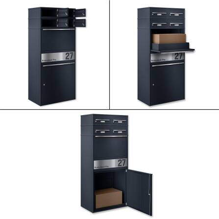 Metzler Paketbox XL mit vier Briefkästen | austauschbare Papiereinleger | personalisiert mit Gravur | RAL 7016 Anthrazitgrau | Bispo Max 2