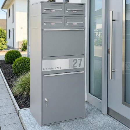 Metzler Paketbox XL mit vier Briefkästen | austauschbare Papiereinleger | personalisiert mit Gravur | Grau | Bispo Max 2