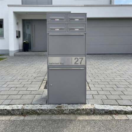 Metzler Paketbox XL mit vier Briefkästen | austauschbare Papiereinleger | personalisiert mit Gravur | Grau | Bispo Max 2