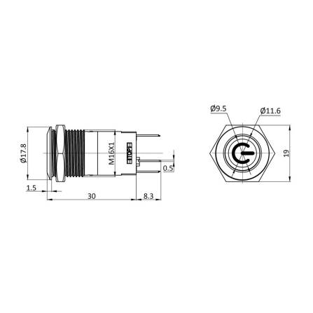 Metzler - Drucktaster 16mm - LED Symbol Power Weiß - IP67 IK10 - Edelstahl - Flach - Lötkontakte