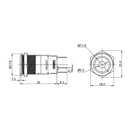 Metzler - Drucktaster 16mm - LED Punktbeleuchtung Gelb - IP67 IK10 - Edelstahl - Flach - Lötkontakte