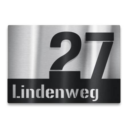 Hausnummernschild aus Edelstahl mit Straße in Schwarz