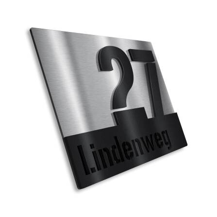 Hausnummernschild aus Edelstahl mit Straße in Schwarz