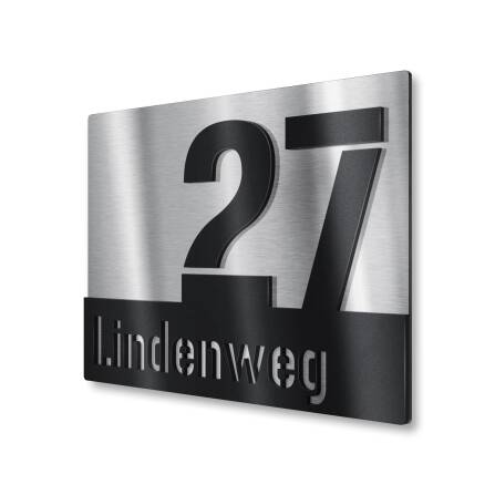 Hausnummernschild aus Edelstahl mit Straße in Schwarz